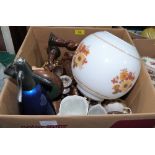 A box of sundries, a box of glassware and a box of Meakin table china