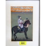 An Indian Moghul school gouache, dignitary on horseback under lines of text. 7¼'' s 4½''