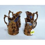 A set of four Victorian Allertons copper lustre jugs, the larger 8'' high