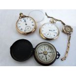 Two plated keyless watches, one running, together with a marching compass and a lady's wristwatch (