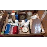 A box of sundries, the lot to include a walnut mantle clock