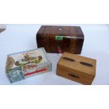 A Victorian walnut inlaid box 10'' wide; a money box and a cigar box