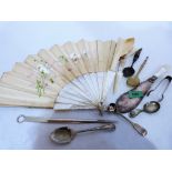 A French fan with flower painted silk leaf and mother-of-pearl sticks (A.F) together with a small