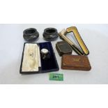 A George III toleware snuffbox; another example in treen; a cased clay pipe, a silver lady's