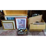 A quantity of pictures, pine shelf, cutlery tray and sundries