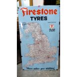 A 1950's Firestone Tyres enamel sign with 'Geographia' Main Roads Map England and Wales. 'Most Miles