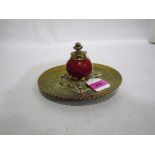 A 19th century brass inkstand, the stoneware well with brass mounts. 8'' diameter