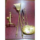 Brass fire irons, chestnut roaster and an andiron