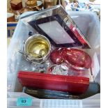 A box of sundries to include silver mounted dressing table jars, plate etc