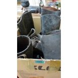 A box of leather boots and gaiters, an African drum and a box of sundries