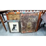 A Glenlivet Scotch Whiskey tin sign, four bird prints and a watercolour of a dog signed S. Ripley