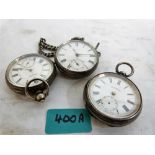 Three silver cased lever watches with a silver Albert chain