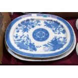 A pair and another blue printed meat plates