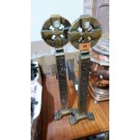 A pair of brass Celtic design andirons. 20'' high