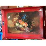 A tray painted with a basket of flowers. 25'' wide