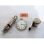 Two 'Acme' whistles and a silver cased lever watch