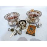 A pair of plated bottle coasters, a khatam card case, a silver and mother-of-pearl butter curl and