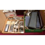 A tray of cutlery and a box of sundries