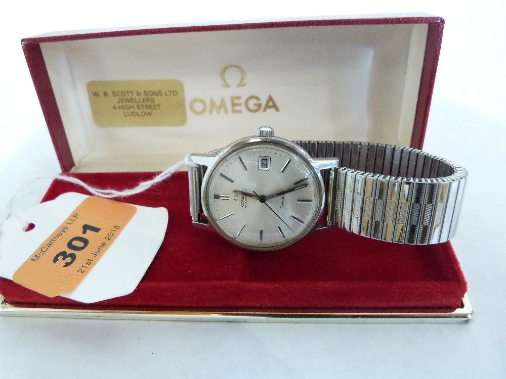 An Omega Automatic stainless steel gentleman's wristwatch, the silvered dial with baton numerals and