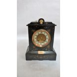 A late 19th century 8 day French mantle clock in black slate architectural case, the drum movement