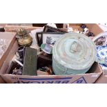 A box of wood and metalware, the lot to include a tin hatbox and a brass oil lamp