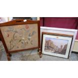 An embroidered firescreen and four framed prints