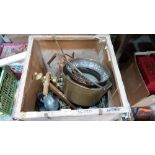 A tea chest of brass, copper and other sundry metalware