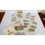 A collection of English and foreign banknotes and a print of Pan