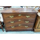 A Victorian mahogany chest of three long drawers on plinth support and bun feet. 48'' wide. Split to