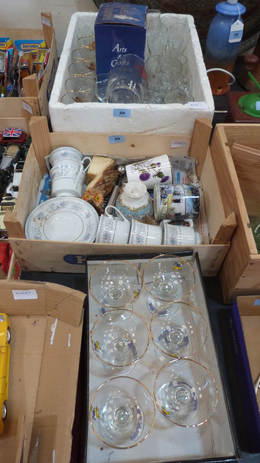 Three boxes of glassware and china, the lot to include six Babycham glasses