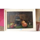 ENGLISH SCHOOL. 20th CENTURY: Still life of onions and apples. Oil on canvas 12'' x 18''
