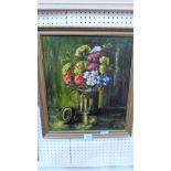 J. JOHNSON. BRITISH 20th CENTURY: Still life of flowers. Signed. Oil on canvas. 17½'' x 15''