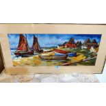 A brass framed tapestry picture, beach scene with boats