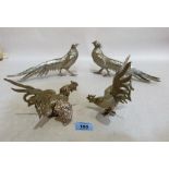 A pair of plated pheasant table ornaments 11'' long and a pair of smaller cockerel examples