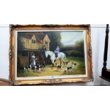 20th CENTURY SCHOOL: Tavern with horseman, lady companion and hounds. Oil on canvas. 24' x 36'