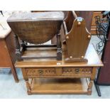 An oak low side table with two frieze drawers, an oak dropleaf occasional table and a magazine rack