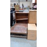 A Danish Silkeborg teak coffee table; another coffee table with tile top; a three drawer filing