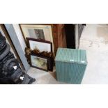 Gilt mirror, various prints together with a Lloyd Loom linen basket