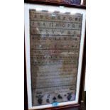 A George IV needlework sampler worked by Charlotte Pitts Tucker, Dec 23rd 1826, with alphanumeric