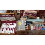 A box of sundries and an oak canteen of cutlery