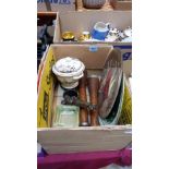 A box of sundries to include a pair of Mississippi cotton spindles, two metal plates, door knocker