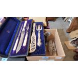 A Victorian cased carving set, a cased plated fish set, plated vase etc.