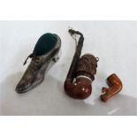 A hat pin, shoe pin cushion, a German cherry wood tobacco pipe and a ceramic pipe bowl