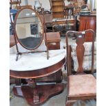 A Victorian mahogany demi-lune washstand with marble top (A.F); a Queen Anne style dining chair