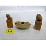 A Chinese soapstone water dropper and two dog of Fo seal stones