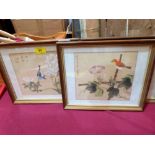 A set of three Chinese watercolours of birds and prunus on silk. 7¼'' x 8½''