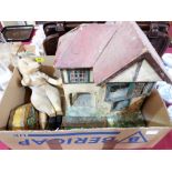 An early 20th century gold plush fox, a Triang doll's house and a biscuit tin