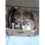 A box of stainless steel kitchenalia