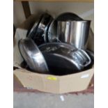 A box of stainless steel kitchenalia
