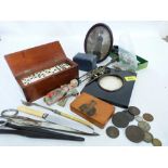 A quantity of sundries to include boxed dominoes, coins, photograph frames, metalware etc.